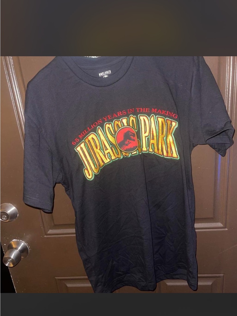 Jurassic Park Black Graphic Tee with Red & Yellow Logo-Embroidered